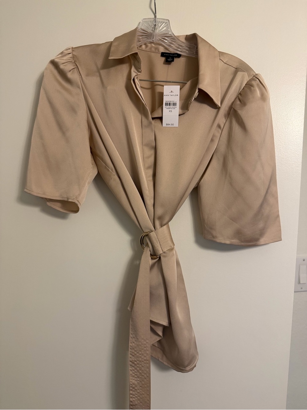 NWT-Ann Taylor Beige Satin Wrap Blouse with Ring Belt